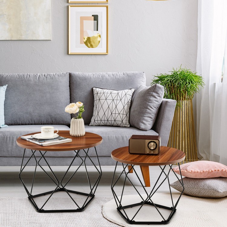 Set of 2 modern round coffee tables in rustic brown with pentagonal steel bases, perfect for living room use.
